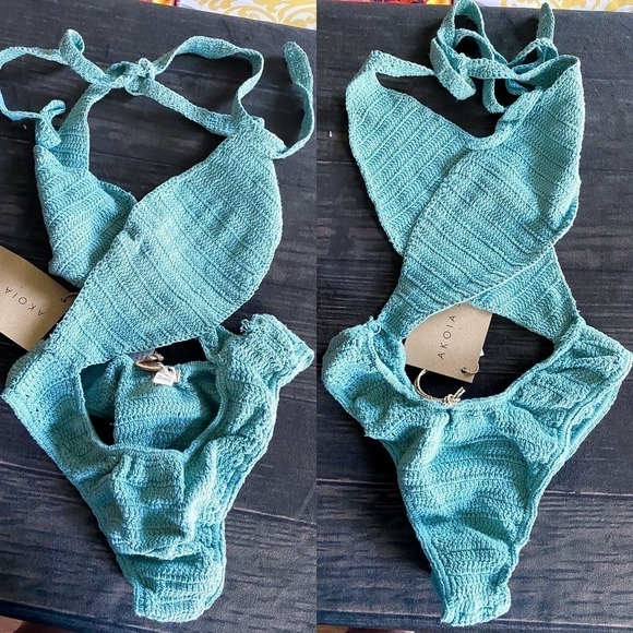 AKOIA SWIM Swimsuit Riu Twist Crochet One-Piece Backless Blue M NWT - Picture 2 of 8